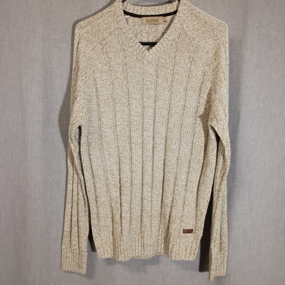 PG Field Heavy Chunky Cable Knit V-Neck Fisherman Rib Jumper Sweater Men's Med.